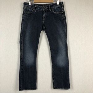 Silver Jeans Santorini Size 28 Dark Blue Wash Distressed Denim Bootcut Pants